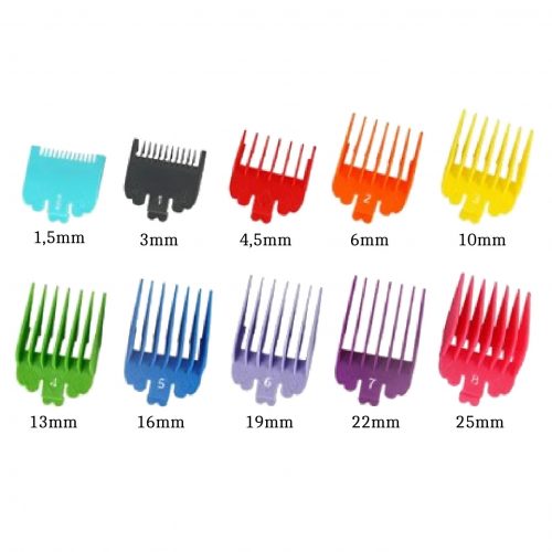 10-teiliges Haarschneider Aufsatz Set kompatibel mit Hair Easy Cut & Wahl – 1,5–25 mm – Farbige Führungskämme – Profi Haarschneidemaschine Zubehör