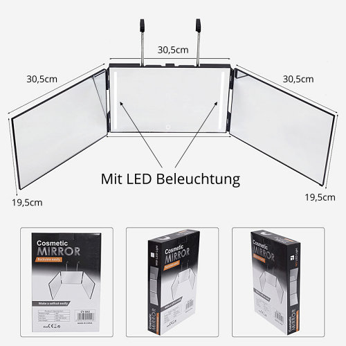 LED Kosmetikspiegel faltbarer 360° Spiegel 3-seitig, Make Up